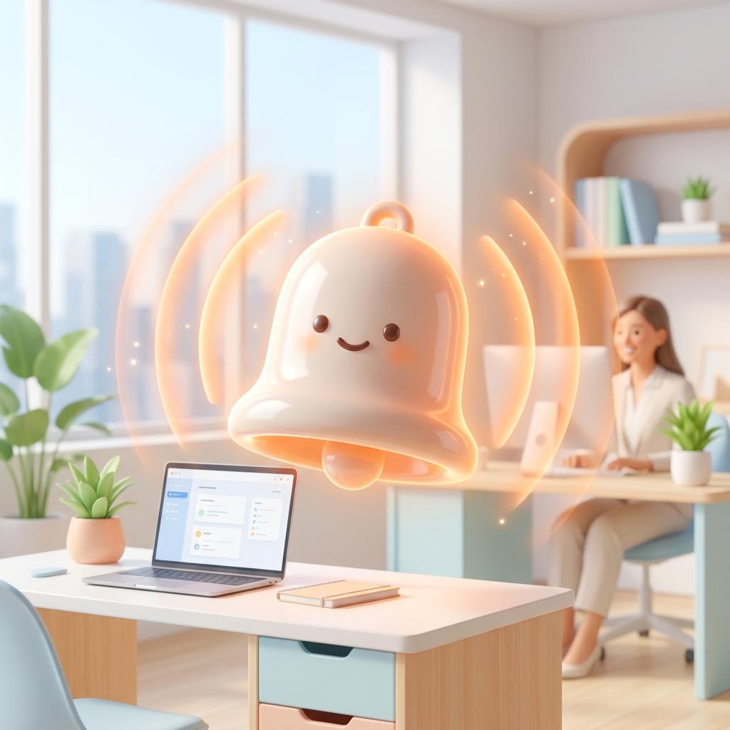 Friendly digital alert bell with soft glowing waves