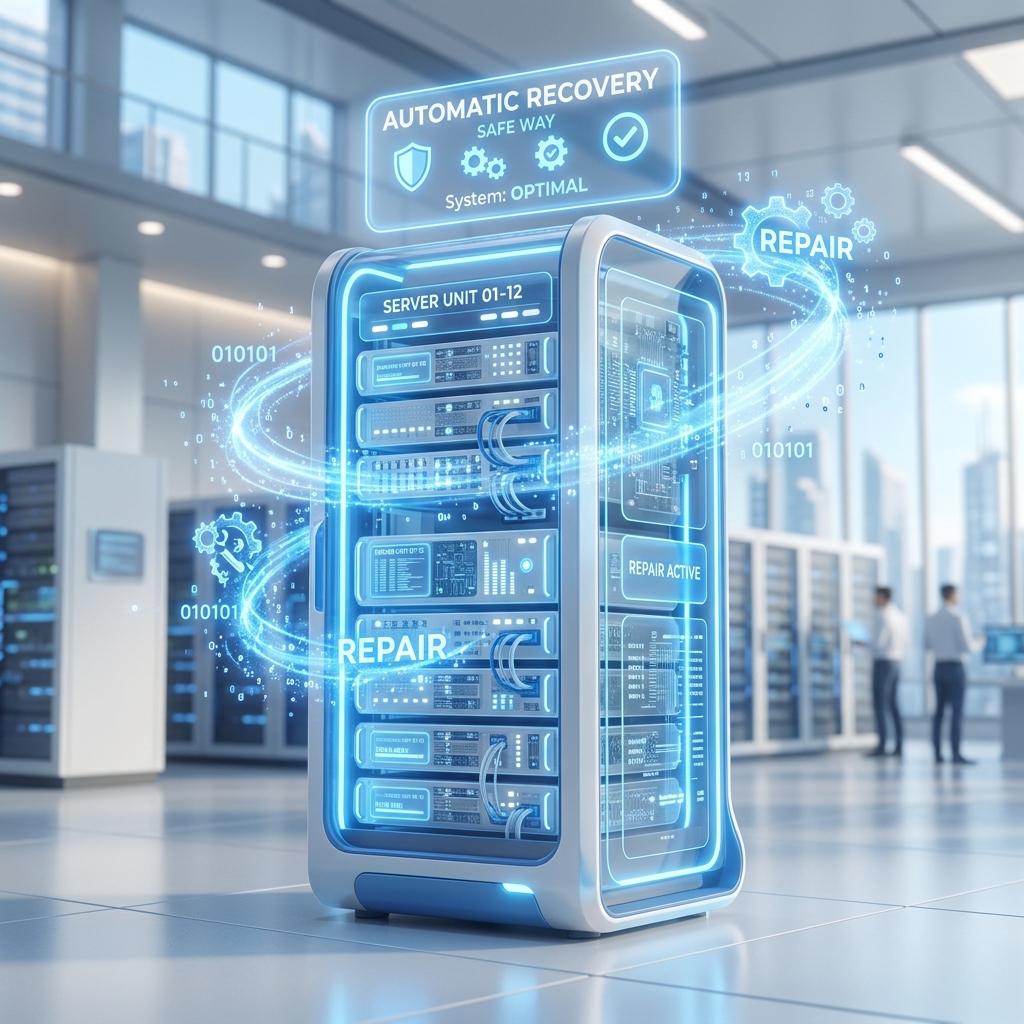 Futuristic server rack with self-healing light effects