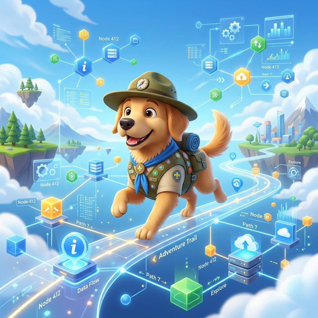 Friendly scout dog mascot exploring data networks