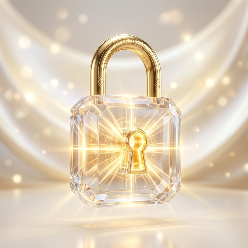 Glowing crystal padlock with golden light beams