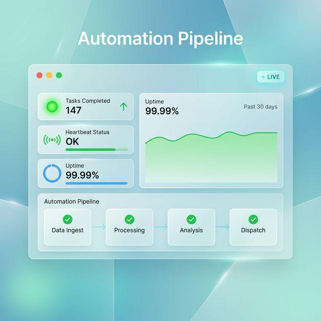 Airy Glassmorphism SaaS dashboard showing a healthy automation pipeline with task completions and active heartbeats.