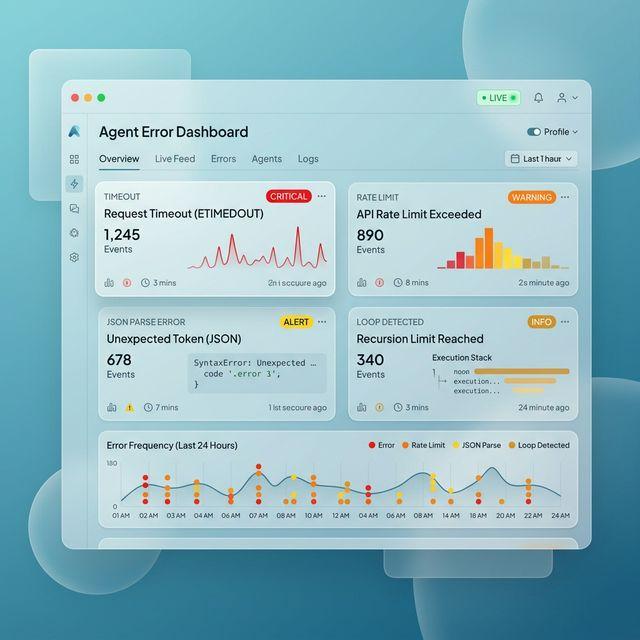 Airy Glassmorphism SaaS dashboard showing multiple agent error alerts including Timeouts, Rate Limits, and JSON Parse Errors.